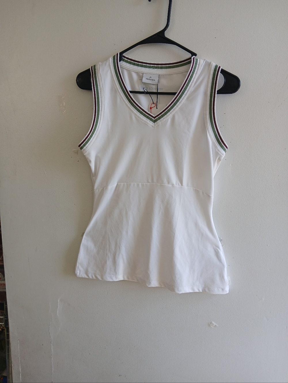 Veronica Beard White V-Neck Tank with Green and Burgundy Stripe Trim